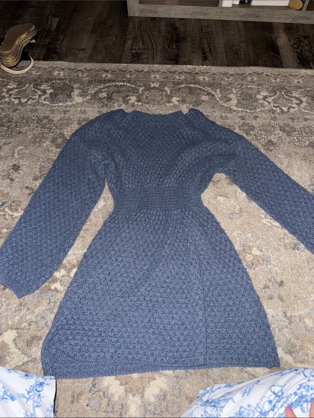 Textured Knit Long Sleeve Sweater Dress - Blue